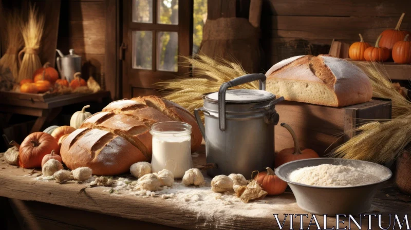 Harvest Still Life: Bread, Grains, and Pumpkins on a Wooden Table AI Image