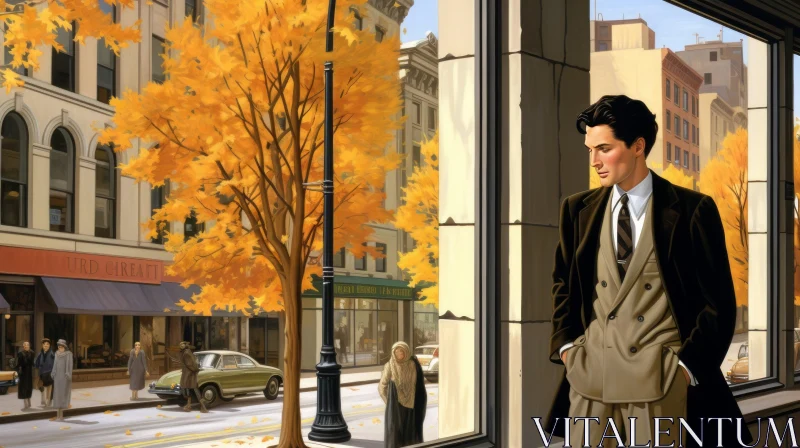Man Looking Out Window Painting - Urban Fall Scene AI Image