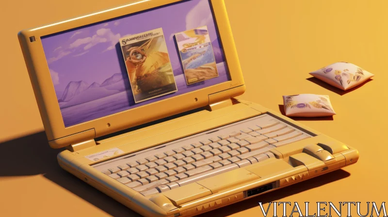 AI ART Vintage Yellow Laptop on Vibrant Surface with Captivating Screen Images