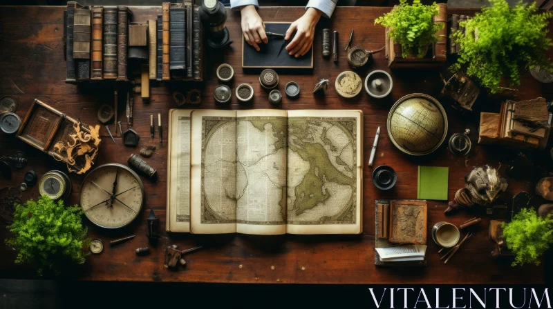 Intriguing Exploration: Wooden Table with World Map Book