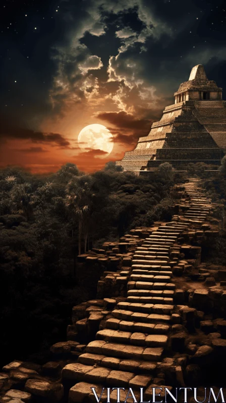 Moonlit Mayan Pyramid: A Captivating Ancient Wonder AI Image