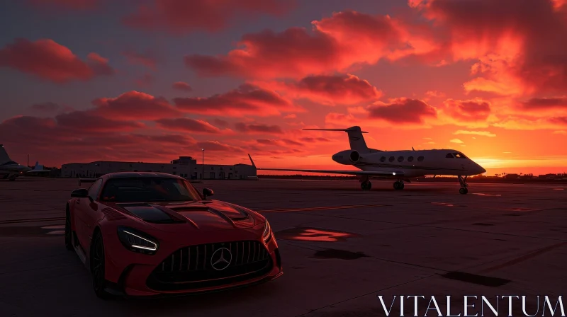Red Mercedes-AMG GT R on Airport Runway at Sunset AI Image