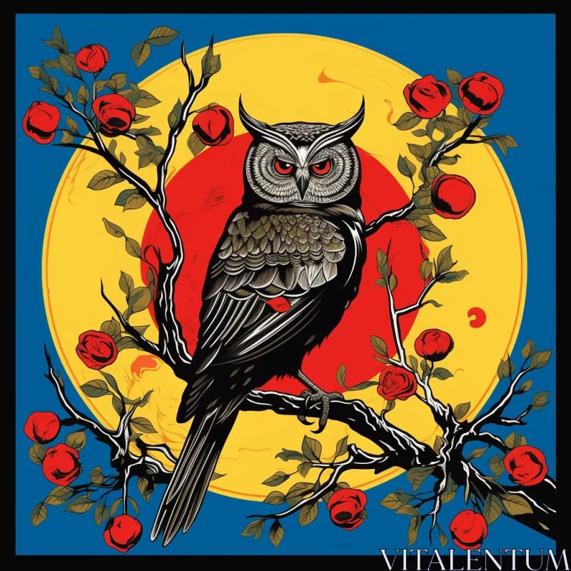 Captivating Owl Art: Moon, Apples, and Chiaroscuro Contrast AI Image