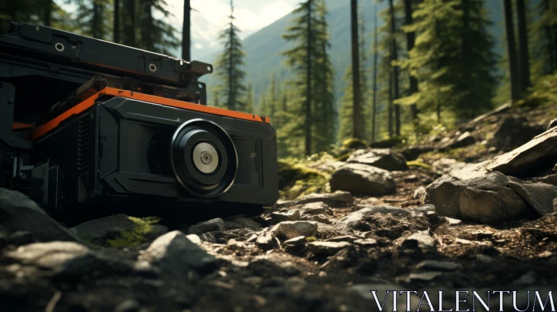 Close-up of Black and Orange Camera on Rocky Surface with Trees and Mountain AI Image