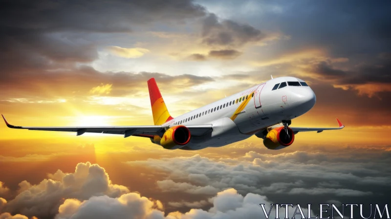 Elevated Passenger Plane with Red and Yellow Accents in Vibrant Sky AI Image
