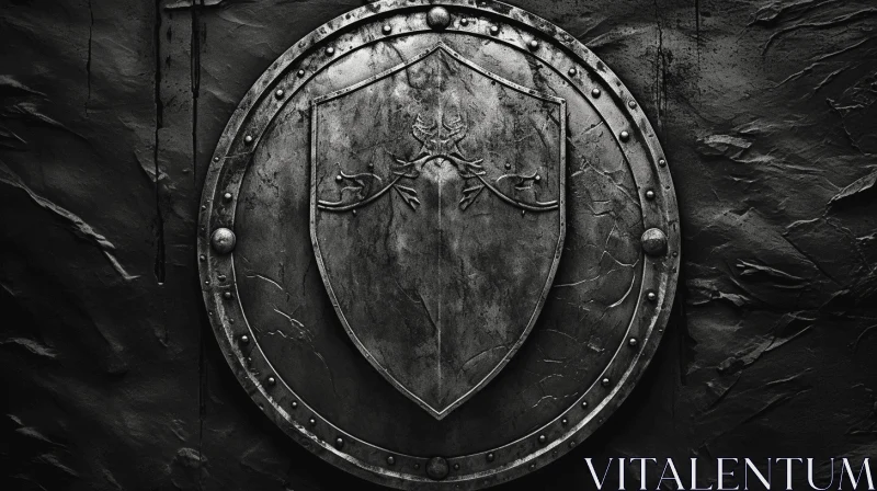 Metal Shield Over Wall | Epic Fantasy Scene | Black and White Background AI Image