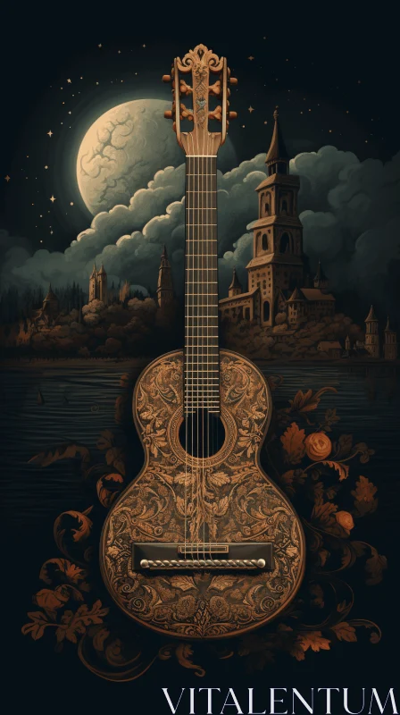 Moonlit Guitar: Victorian-Inspired Illustration with Intricate Woodwork AI Image