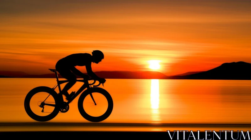 Tranquil Sunset Cyclist Silhouette at Lake AI Image