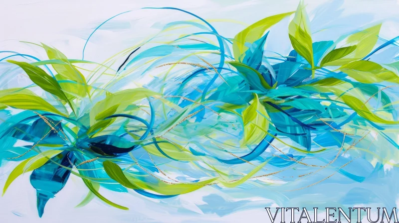 Blue and Green Abstract Plants Painting on White Background AI Image