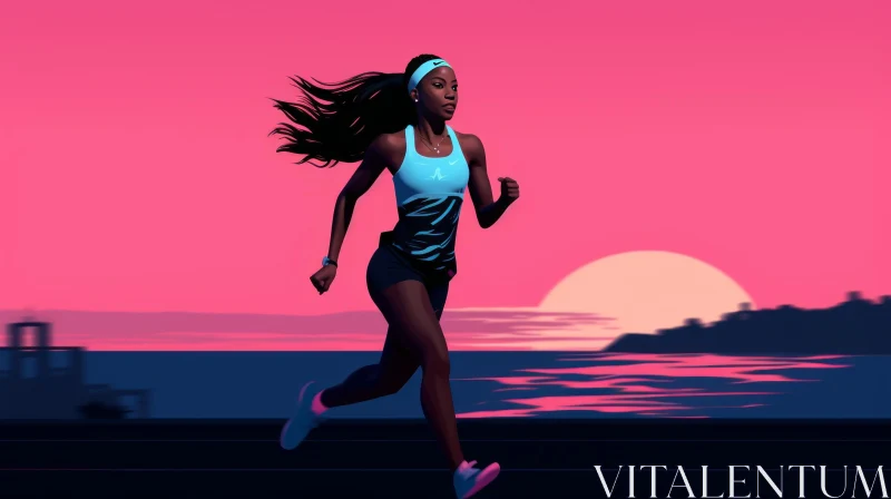 AI ART Young Female Runner in City at Sunset - Digital Art