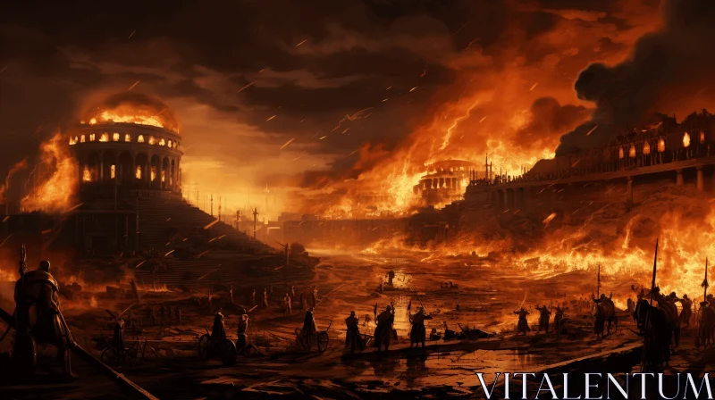 Ancient City in Flames: A Captivating Painting of War and Destruction AI Image
