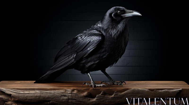 Black Raven on Wooden Table AI Image