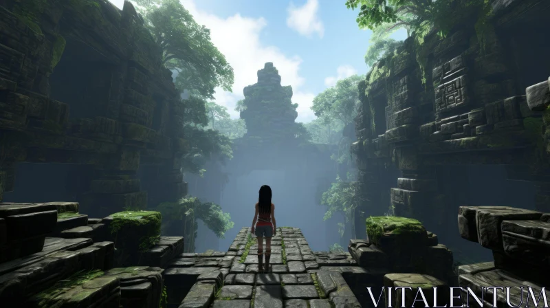 Enchanting Jungle Scene with Young Woman and Ancient Temple AI Image