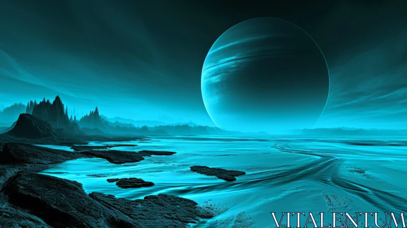 Enigmatic Alien Planet Landscape with Blue Hue and Water AI Image