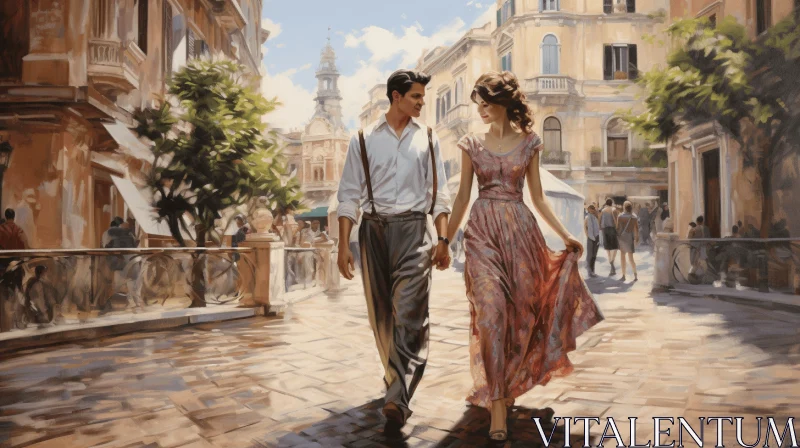 Captivating Painting of a Couple Walking Down a Cobble Street with Cinematic Elegance AI Image