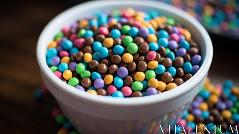 Colorful Chocolate Candy in a White Bowl on Wooden Table AI Image