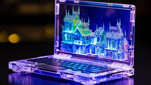 Enchanting 3D Render: Haunted House on Transparent Laptop