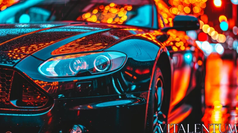 Luxury Black Sports Car in City Night Scene AI Image