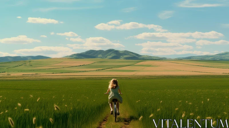 Scenic Girl Riding Bicycle in Green Field AI Image