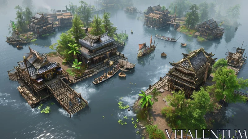 Tranquil Chinese Village on River - Digital Painting AI Image
