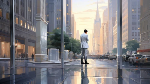 Urban Cityscape Painting with Man in White Suit