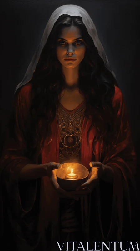 Mystical Woman Holding a Flickering Candle - Captivating Digital Painting AI Image