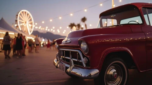 Red Vintage Pickup Truck at Fairground Dusk