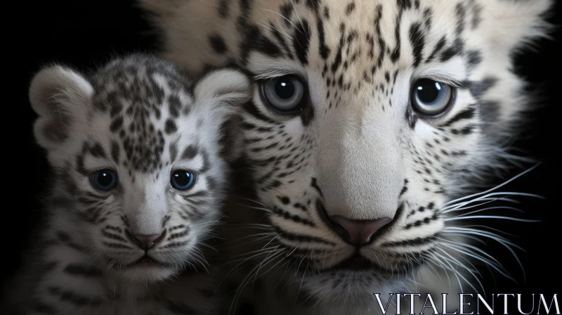Snow Leopard and Cub Portrait - Intense Blue Eyes Close-Up AI Image