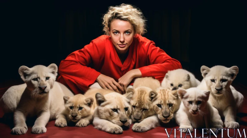 Blonde Woman with White Lion Cubs AI Image