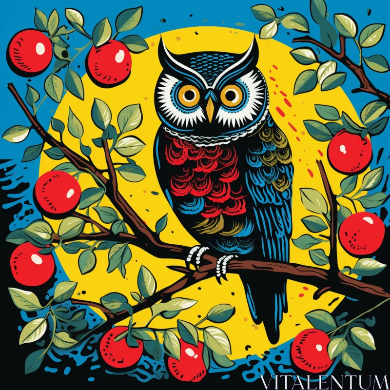 Colorful Owl in Apple Tree - Pop Art Illustration AI Image