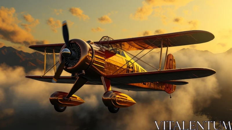 Golden Biplane Flying Over Mountains AI Image