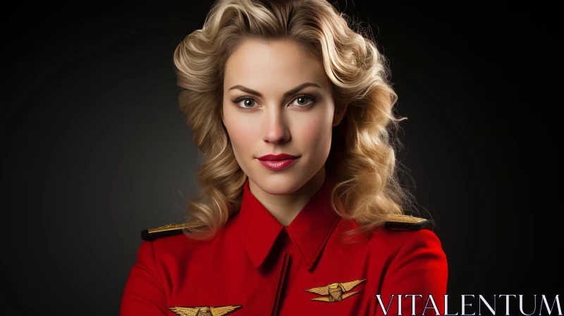 Intense Portrait of a Young Woman in Red Military Uniform AI Image