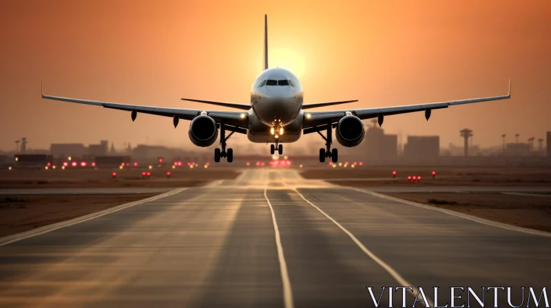 Tranquil Sunset Landing Scene with Silhouetted Plane AI Image