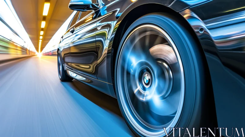 Black BMW Car Speeding in Tunnel - Stock Photo AI Image