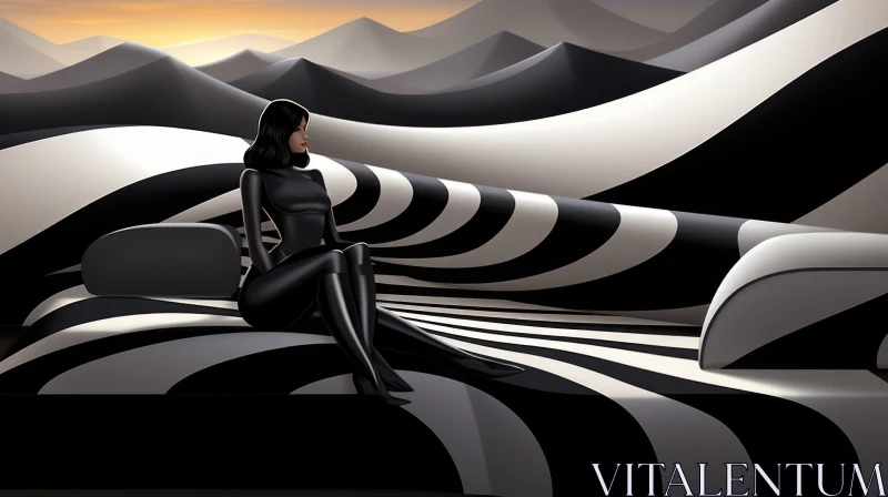 Black Catsuit Woman on Striped Sofa - Retro-Futuristic Artwork AI Image