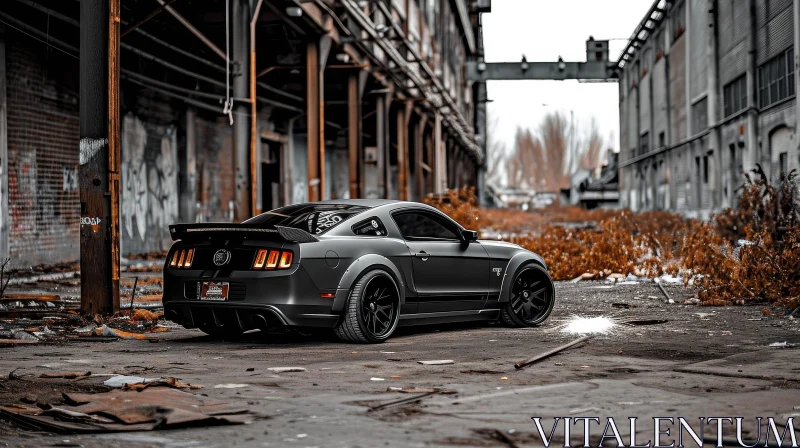 Black Ford Mustang GT500 in Abandoned Factory AI Image