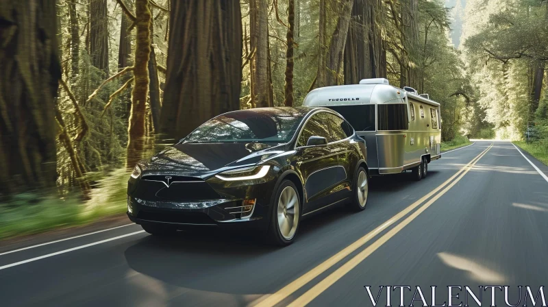 AI ART Black Tesla Model X Electric Car with Silver Airstream Trailer Driving Through Forest
