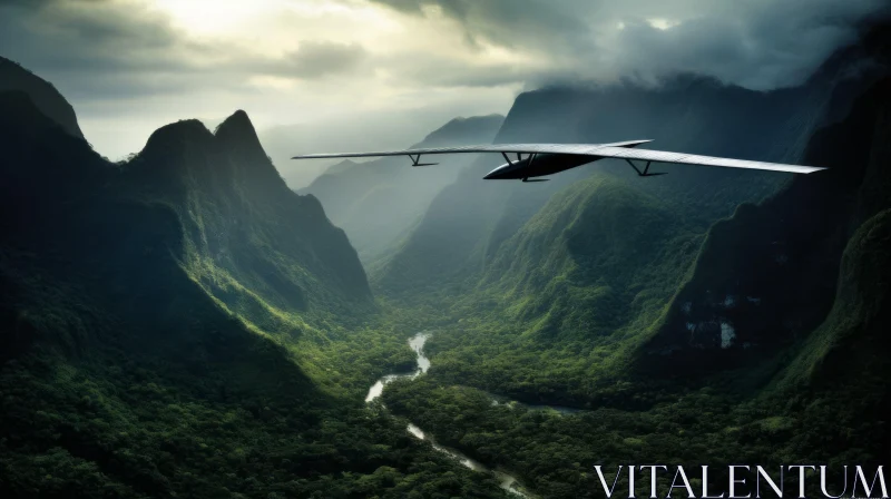 Monochrome Airplane Soaring Over Verdant Valley AI Image