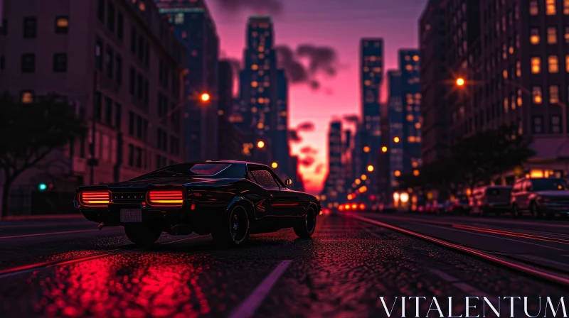 Night Cityscape: Black Muscle Car Speeding Through Wet Street AI Image