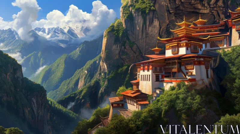 Serene Landscape with Buddhist Monastery on Cliff AI Image