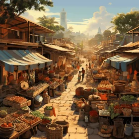 Vibrant Cartoon Image: Old Street Market in Africa | Realistic Fantasy Art