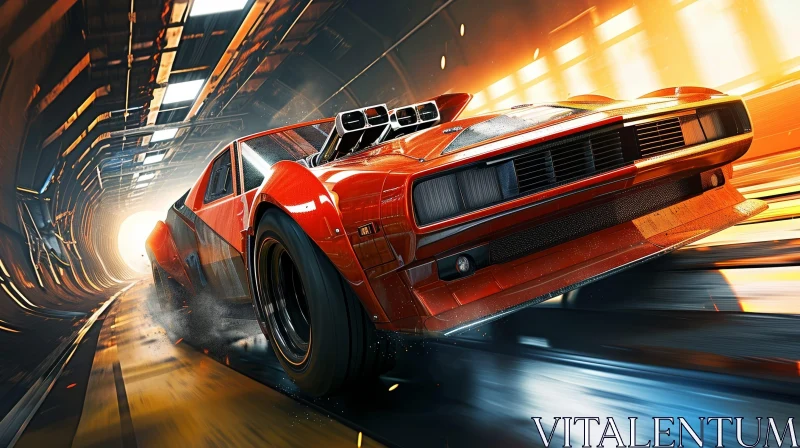 Speeding Red Muscle Car in Tunnel AI Image