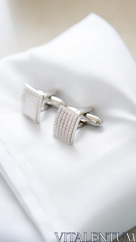 Elegant Silver Diamond Cufflinks on Silk Handkerchief AI Image