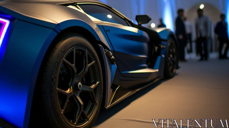 Sleek Blue and Black Sports Car in Well-Lit Setting AI Image