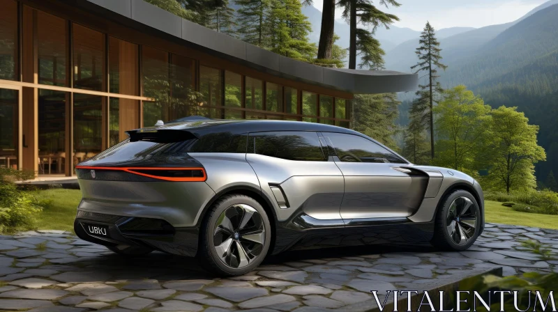Modern House with Electric SUV Parked in Front of Mountains View AI Image