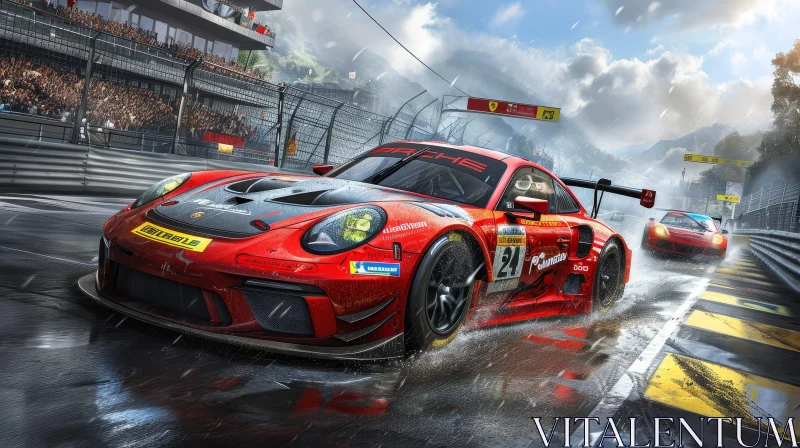 Red and White Porsche Race Car on Wet Track AI Image