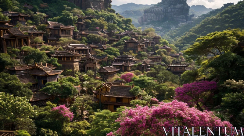 Tranquil Chinese Mountain Village in Green Valley AI Image