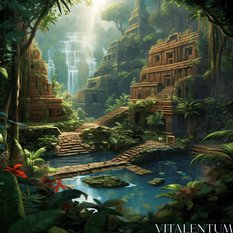 Jungle Art: Aztec Influence, Historic Art Forms, and Breathtaking Waterfall AI Image