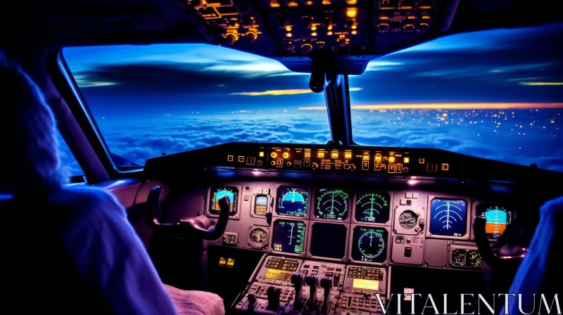 AI ART Night Flight: Enigmatic Airplane Cockpit View