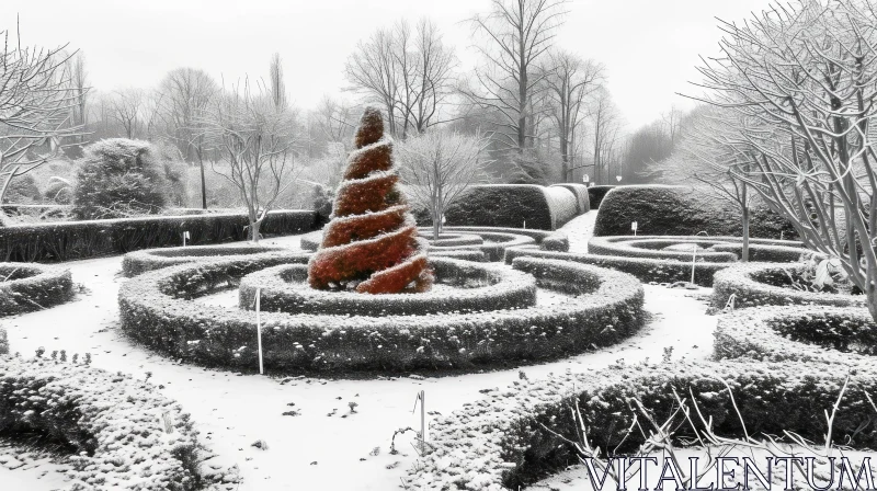 Spiral Topiary in Snowy Winter Garden AI Image